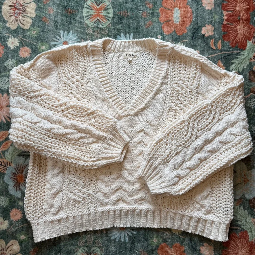 POL‎ Cream Chunky Cable Knit V-Neck Sweater Ivory Oversized Boho YST585 Womens S